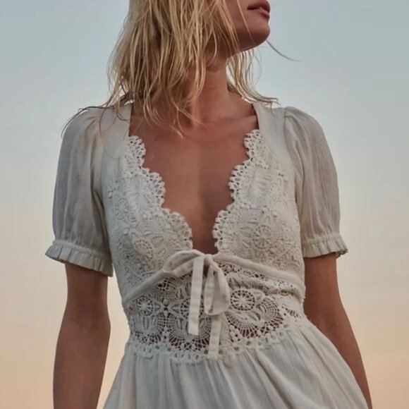 Free People | All You Need Is Lace Puff Sleeve Midi Dress in Ivory - Size S - Picture 2 of 12